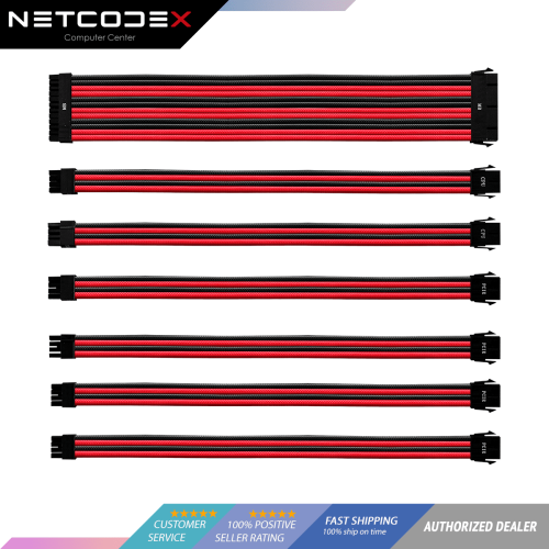 Cooler Master RED & BLACK Colored Premium PSU Extension Cable Kit (CMA-NEST16RDBK1-GL) 1 x ATX 24 Pin, 1 x CPU 8 (4 + 4) Pin, 1 x CPU 8 Pin, 2x PCI-e 6+2 Pin, 2 x PCI-e 8 | Cable Clips: 4x 24 Pin, 12x 8 Pin, 6x 6 Pin | Pin Single Sleeve 16 AWG