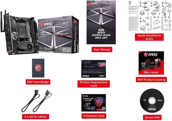 MSI MPG B550I Gaming Edge MAX WiFi Gaming Motherboard (AMD AM4, DDR4, PCIe 4.0, SATA 6Gb/s, Dual M.2, USB 3.2 Gen 2, HDMI, Wi-Fi AX, Mini-ITX, AMD Ryzen 5000 Series Processors)