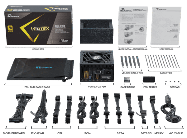Seasonic VERTEX GX-750, 750W 80+ Gold, ATX 3.0 / PCIe 5.0 Compliant, Full Modular, Fan Control in Fanless, Silent, and Cooling Mode, 10 Years Warranty - 12751GXAFS