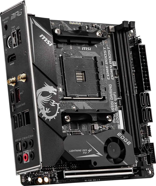 MSI MPG B550I Gaming Edge MAX WiFi Gaming Motherboard (AMD AM4, DDR4, PCIe 4.0, SATA 6Gb/s, Dual M.2, USB 3.2 Gen 2, HDMI, Wi-Fi AX, Mini-ITX, AMD Ryzen 5000 Series Processors)