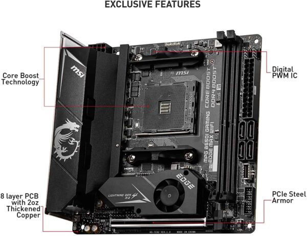 MSI MPG B550I Gaming Edge MAX WiFi Gaming Motherboard (AMD AM4, DDR4, PCIe 4.0, SATA 6Gb/s, Dual M.2, USB 3.2 Gen 2, HDMI, Wi-Fi AX, Mini-ITX, AMD Ryzen 5000 Series Processors)