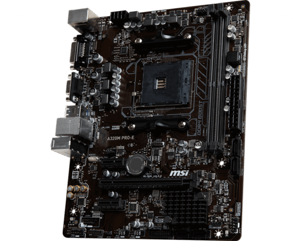 MSI A320M PRO-E Motherboard mATX, AM4, DDR4, LAN, USB 3.1 Gen1, DVI-D,16M BIOS ROM, AMD RYZEN 1st and 2nd Gen