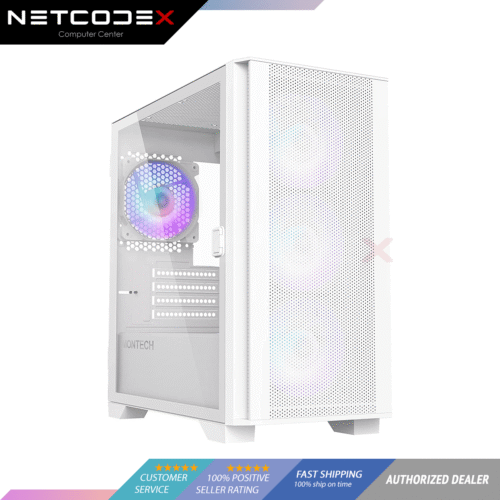 Montech AIR 100 ARGB Micro-ATX Tower with Four ARGB Fans Pre Installed, Ultra-Minimalist Design, Fine Mesh Front Panel, High Airflow, Unique Side Swivel Tempered Glass, White