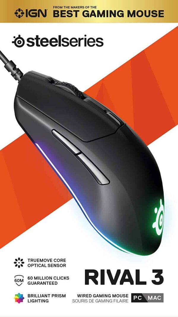 SteelSeries Rival 3 Gaming Mouse - 8,500 CPI TrueMove Core Optical Sensor - 6 Programmable Buttons - Split Trigger Buttons - Brilliant Prism RGB Lighting (62513)