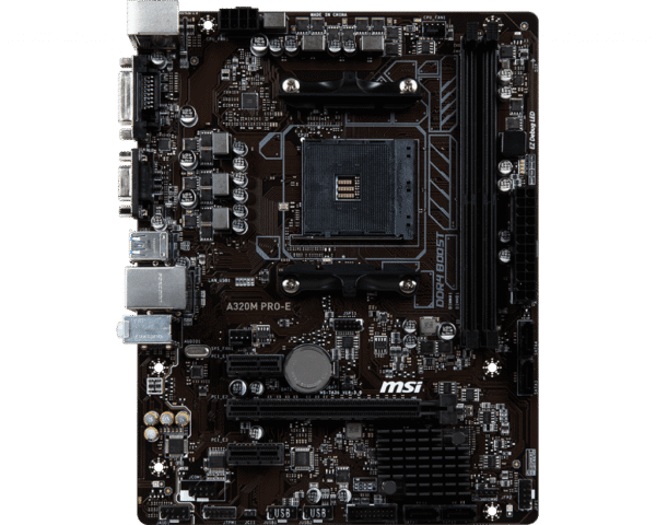 MSI A320M PRO-E Motherboard mATX, AM4, DDR4, LAN, USB 3.1 Gen1, DVI-D,16M BIOS ROM, AMD RYZEN 1st and 2nd Gen