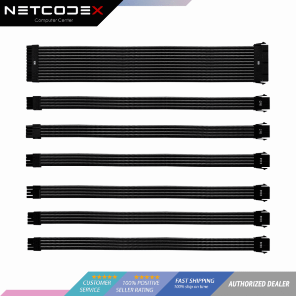 ecd5f98d46a540c2b6eebdc0ca0020fb.png Cooler Master BLACK Colored Premium PSU Extension Cable Kit (CMA-NEST16XXBK1-GL) 1 x ATX 24 Pin, 1 x CPU 8 (4 + 4) Pin, 1 x CPU 8 Pin, 2x PCI-e 6+2 Pin, 2 x PCI-e 8 | Cable Clips: 4x 24 Pin, 12x 8 Pin, 6x 6 Pin | Pin Single Sleeve 16 AWG