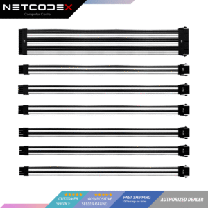 Cooler Master WHITE & BLACK Colored Premium PSU Extension Cable Kit (CMA-NEST16WTBK1-GL) 1 x ATX 24 Pin, 1 x CPU 8 (4 + 4) Pin, 1 x CPU 8 Pin, 2x PCI-e 6+2 Pin, 2 x PCI-e 8 | Cable Clips: 4x 24 Pin, 12x 8 Pin, 6x 6 Pin | Pin Single Sleeve 16 AWG