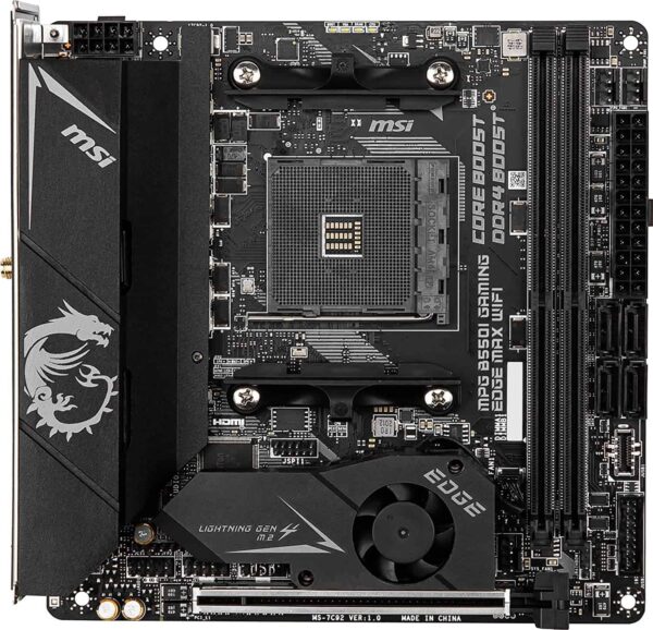 MSI MPG B550I Gaming Edge MAX WiFi Gaming Motherboard (AMD AM4, DDR4, PCIe 4.0, SATA 6Gb/s, Dual M.2, USB 3.2 Gen 2, HDMI, Wi-Fi AX, Mini-ITX, AMD Ryzen 5000 Series Processors)