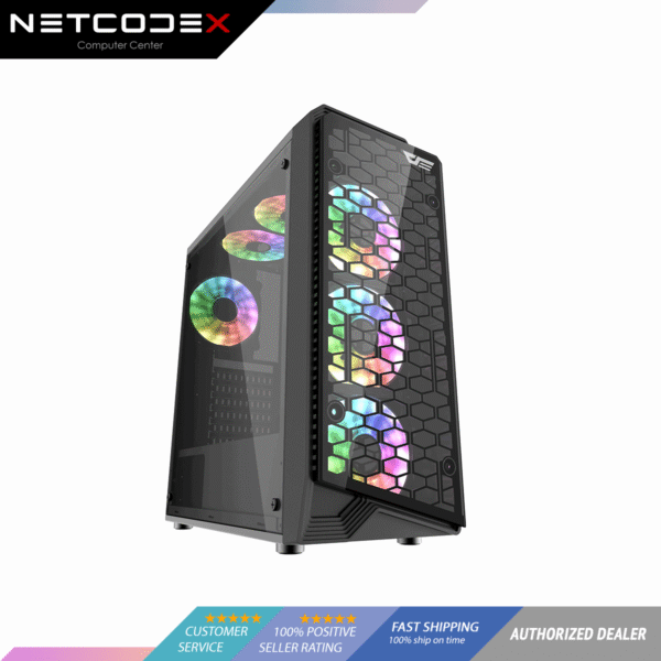DarkFlash Water Square 5 Black ATX Mid-Tower Desktop Computer Gaming Case USB 3.0 Ports Acrylic Windows with 3pcs LED Fans Pre-Installed