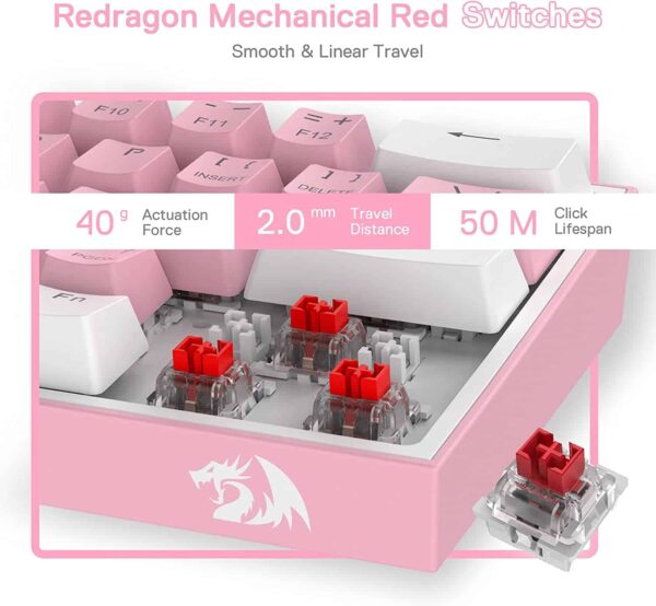 Redragon K617 Fizz 60% Wired RGB Gaming Keyboard, 61 Keys Compact Mechanical Keyboard w/White and Pink Color Keycaps Red Switch