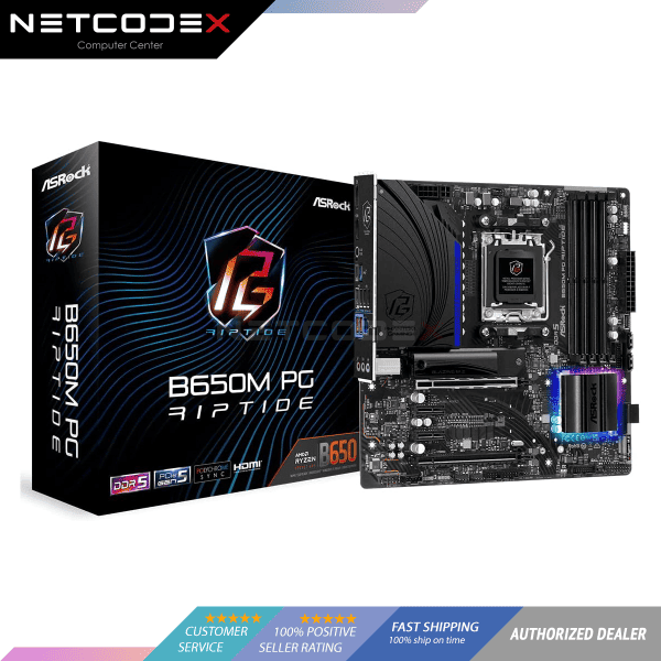 ASRock B650M PG RIPTIDE WIFI AM5 Micro-ATX Mainboard , 4 slots DDR5, 2x PCIe 4.0 x16 Slot, Dual M.2 slots, 2.5Gb Lan, WI-FI AX, 7.1 Nahimic Audio , Rear USB3.2 Gen2X2 Type C , 12+2+1 Power Phase