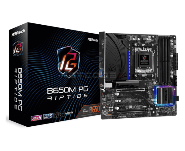 ginee_20230703234806802_0408215334.png ASRock B650M PG RIPTIDE WIFI AM5 Micro-ATX Mainboard , 4 slots DDR5, 2x PCIe 4.0 x16 Slot, Dual M.2 slots, 2.5Gb Lan, WI-FI AX, 7.1 Nahimic Audio , Rear USB3.2 Gen2X2 Type C , 12+2+1 Power Phase
