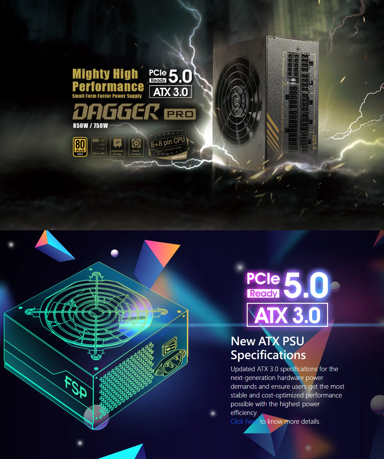 FSP Dagger Pro 850W, ATX3.0 & PCIe5.0 (Gen 5), 80 Plus Gold, ATX12V SFX Power Supply (SDA2-850,GEN5)