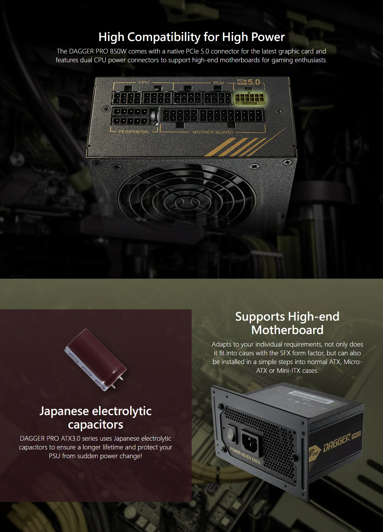 FSP DAGGER PRO ATX3.0(PCIe5.0) 850W : FSP Dagger Pro 850W, ATX3.0 \u0026 PCIe5.0 (Gen 5), 80