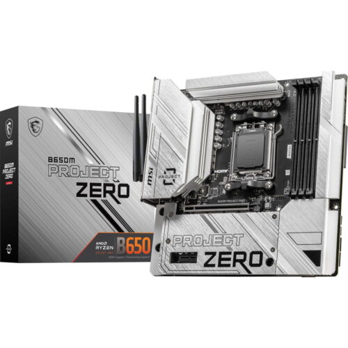 MSI B650M Project Zero White Gaming Motherboard (AMD Ryzen 8000/7000 Series Processors, AM5, DDR5, PCIe 4.0, M.2 Slots, SATA 6Gb/s, USB 3.2 Gen 2, HDMI/DP, Wi-Fi 6E, Bluetooth 5.3, 2.5Gbps LAN, mATX)
