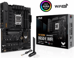 ASUS TUF GAMING B650-E WIFI AMD B650 AMD Ryzen AM5 ATX motherboard, DDR5, 8+2 teamed power stages, PCIe 5.0, a PCIe 5.0 M.2 slot, Realtek 2.5 Gb Ethernet, Wi-Fi 6E