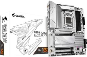 GIGABYTE B650 AORUS Elite AX ICE (AM5/ LGA 1718/ AMD Ryzen/ B650/ ATX/ DDR5/ Triple M.2/ PCIe 5.0/ USB 3.2 Gen2X2 Type-C/WiFi 6E/ 2.5GbE LAN/Snow White Motherboard)