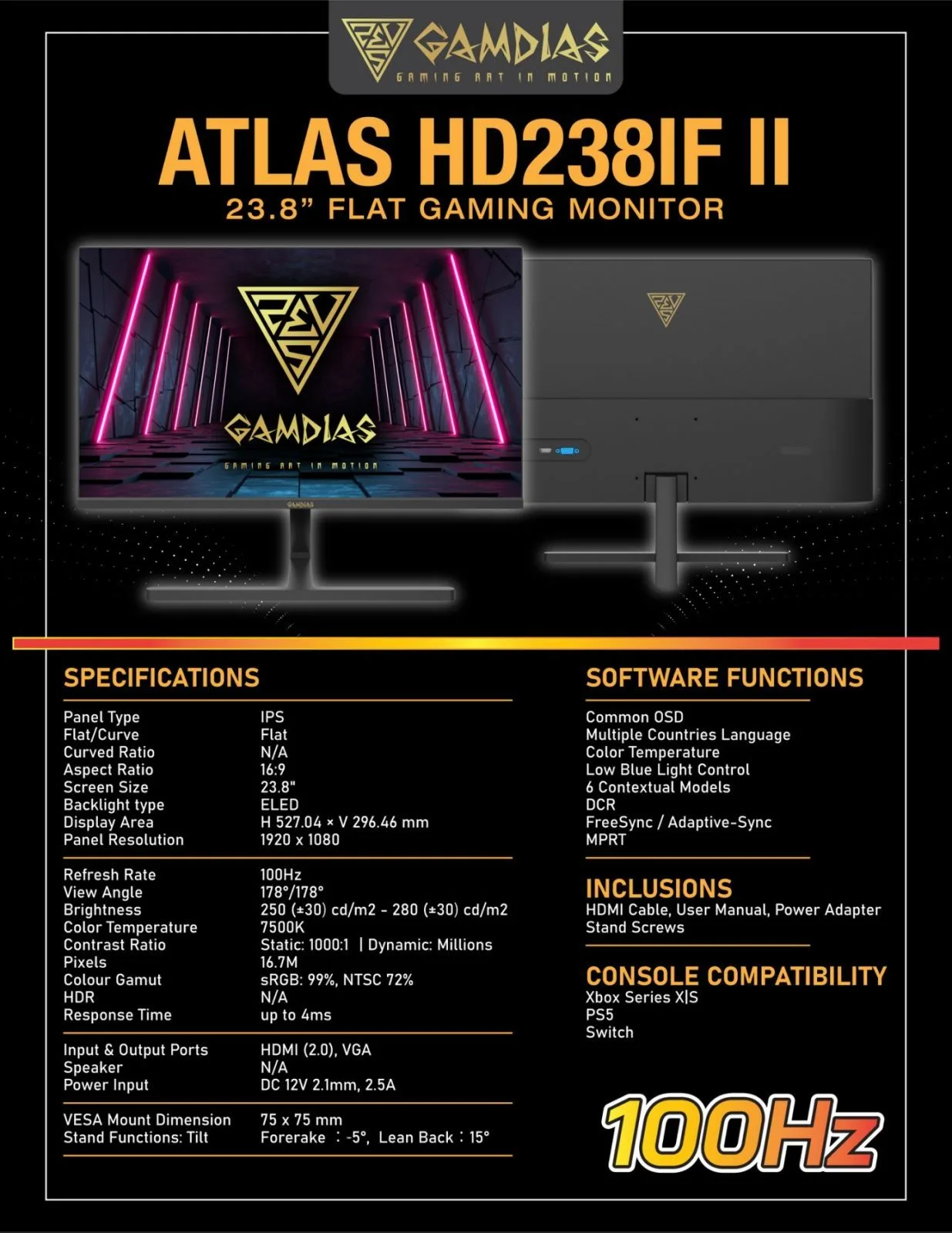 Gamdias Atlas HD238IF II 23.8" Flat IPS 1920x1080 100hz Gaming Monitor