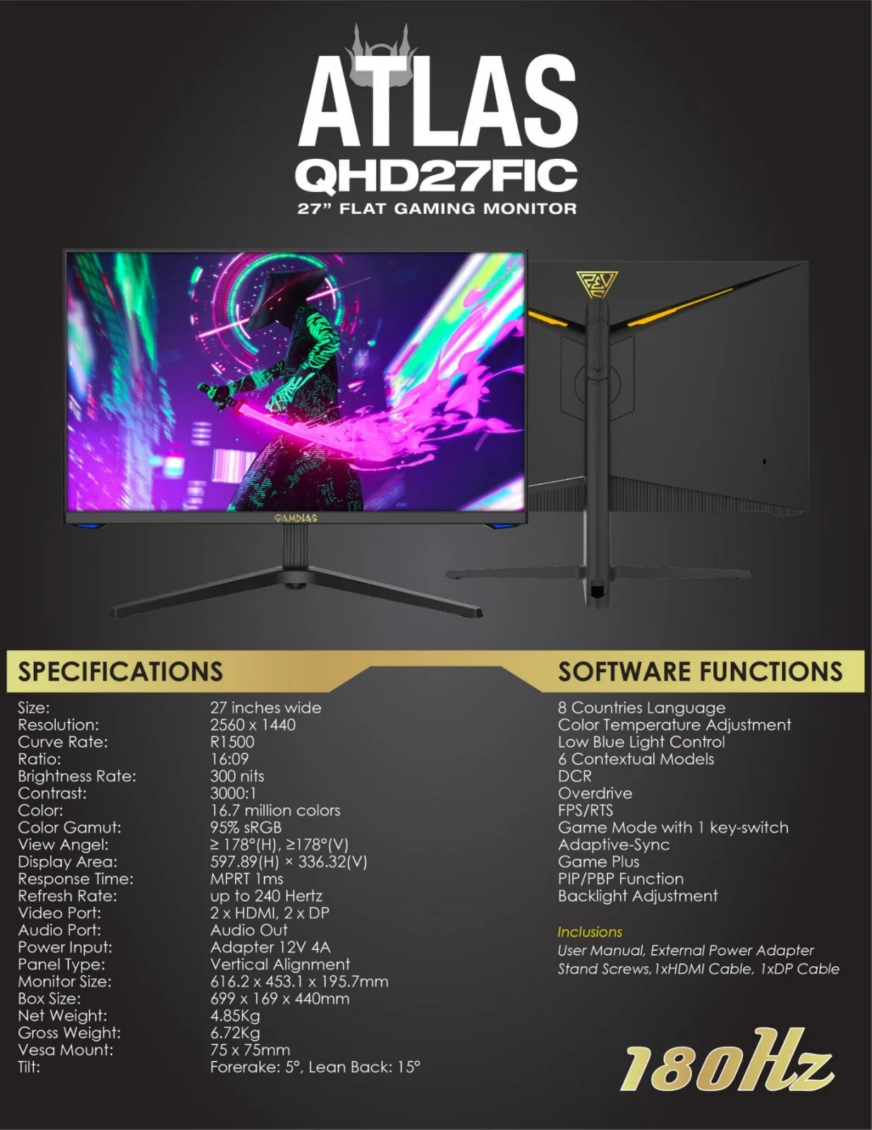 Gamdias Atlas QHD27FIC 27" 1440p 2560x1440 240hz IPS Gaming Monitor