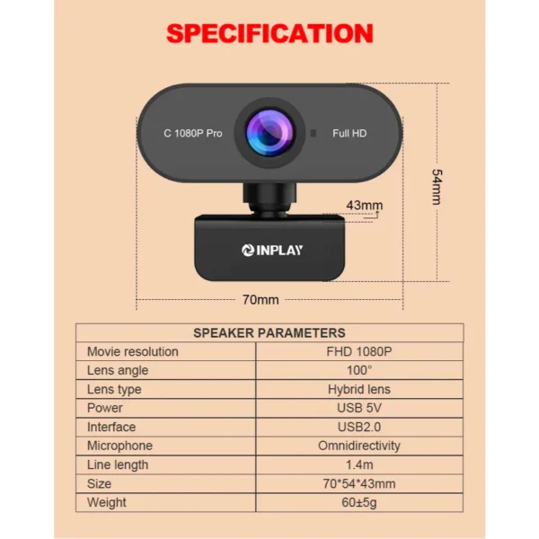 Inplay C1080P-Pro 1080p FHD Webcam
