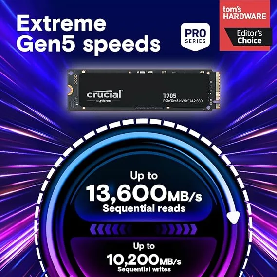 Crucial T705 - 1TB M.2 2280 NVMe PCIe Gen 5x4 SSD - 13,600MB/s Read, 10,200MB/s Write - CT1000T705SSD3
