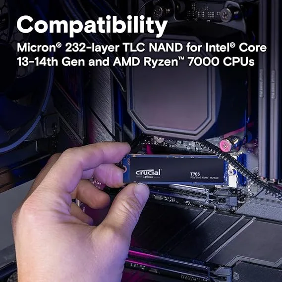 Crucial T705 - 1TB M.2 2280 NVMe PCIe Gen 5x4 SSD - 13,600MB/s Read, 10,200MB/s Write - CT1000T705SSD3