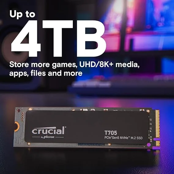 Crucial T705 - 1TB M.2 2280 NVMe PCIe Gen 5x4 SSD - 13,600MB/s Read, 10,200MB/s Write - CT1000T705SSD3