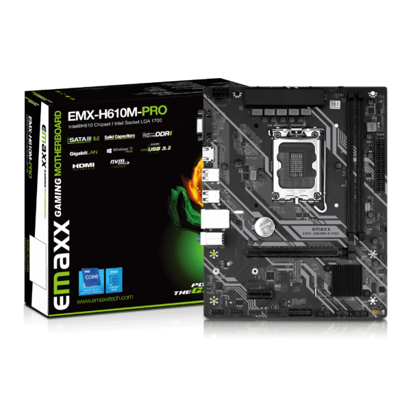 EMAXX EMX-H610M-PRO Motherboard, Intel H610 Chipset, LGA 1700 Socket, Micro-ATX Form Factor