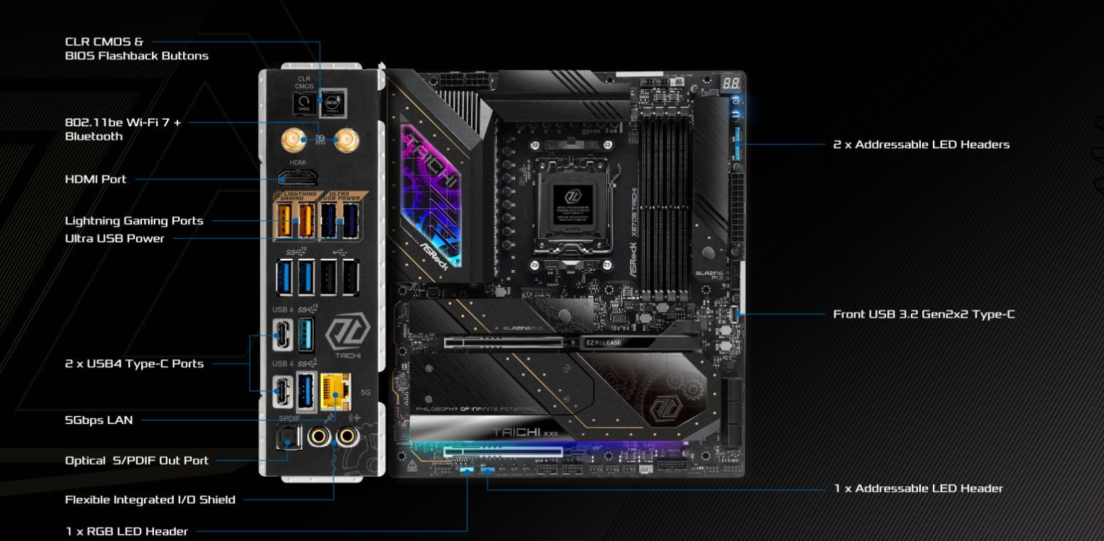 ASRock X870E Taichi EATX Motherboard w/ AM5 Socket, DDR5 Support & 24+2+1 Power Design 8 ASRock X870E Taichi EATX Motherboard w/ AM5 Socket, DDR5 Support & 24+2+1 Power Design