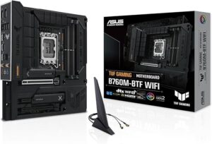 TUF Gaming B760M-BTF WiFi Asus TUF Gaming B760M-BTF WiFi Intel B760 (LGA 1700) mATX Motherboard with DDR5, PCIe 5.0, 3X PCIe 4.0 M.2 Slots, 12+1 DrMOS, Wi-Fi 6, 2.5Gb LAN, DP, HDMI, USB 3.2 Gen 2x2 Type-C, Hidden Connector Design - TUF GAMING B760M-BTF WIFI