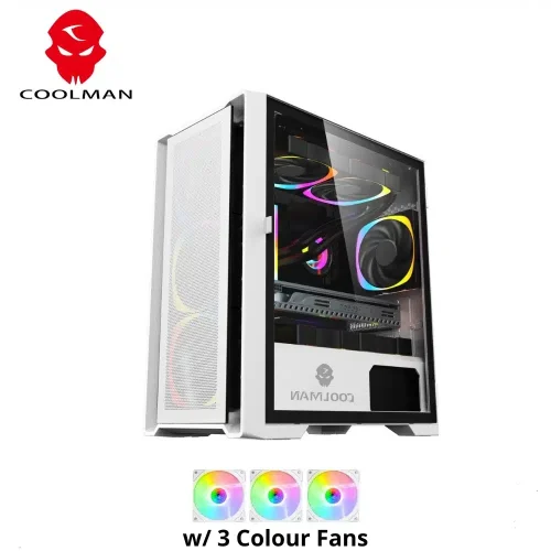 COOLMAN RUBY White Micro ATX Gaming PC Case with 3 RGB Fans, Tempered Glass Panel & Multiple Drive Bay Support