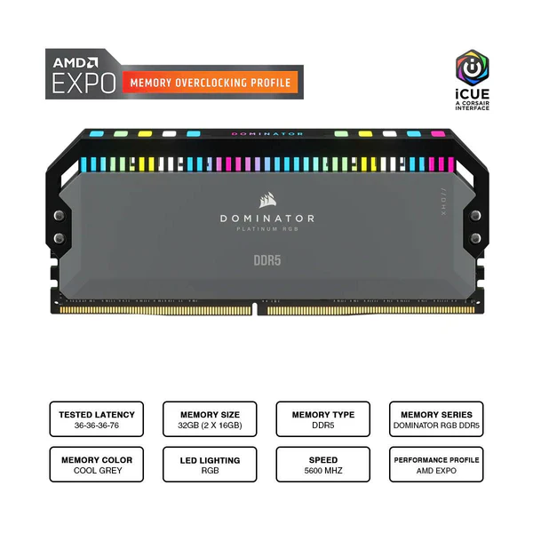 CORSAIR DOMINATOR PLATINUM RGB 32GB (2x16GB) DDR5 DRAM 5600MT/s CL36 AMD EXPO & Intel XMP Memory Kit - Grey - CS-CMT32GX5M2B5600Z36