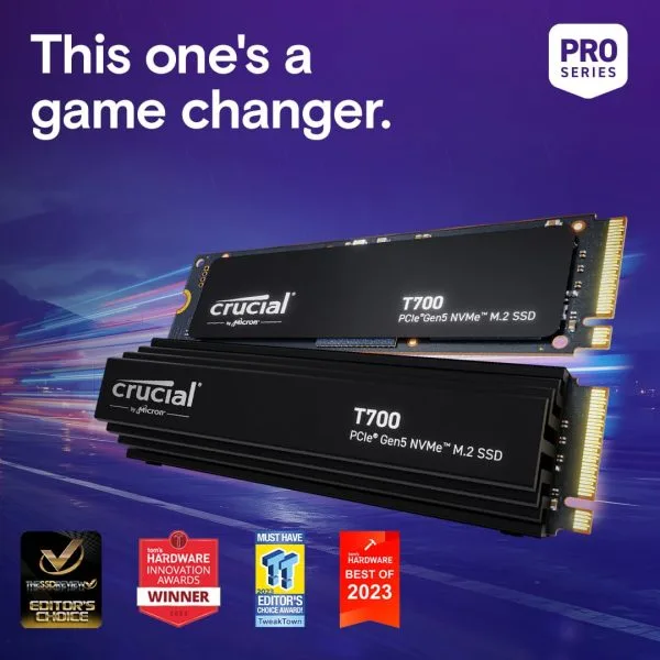 Crucial T700 1TB Gen5 NVMe SSD with Heatsink, Up to 11700MB/s Read - CT1000T700SSD5