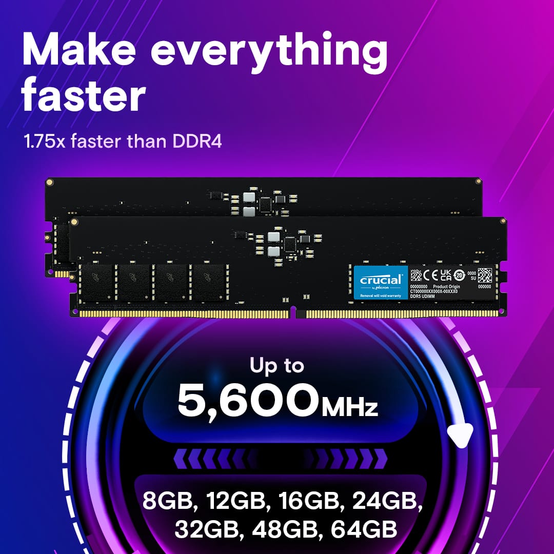 Crucial 16GB DDR5-4800 UDIMM Desktop Memory, CL40, 1.1V - CT16G48C40U5