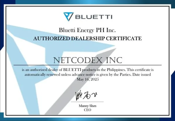 Bluetti Authorized Dealer Certification - Netcodex Inc Bluetti Authorized Dealer Netcodex Inc