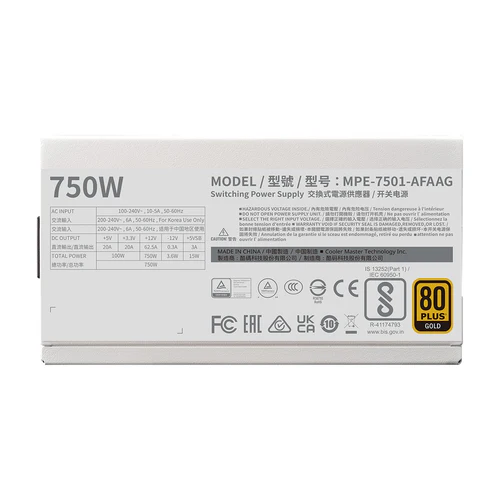 Cooler Master MWE Gold V2 750W 80 PLUS Gold Fully Modular Power Supply White 120mm HDB Fan PCIe 5.0 - CM-MWE GOLD V2 FM 750W WHITE (MPE-7501-AFAAG-3GU2)