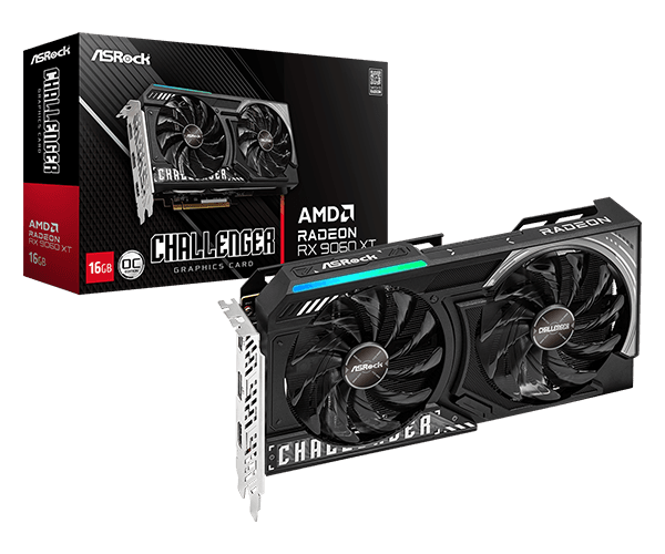 ASRock Radeon RX 9060 XT Challenger 16GB GDDR6 OC Graphics Card with RDNA 4 Architecture and Dual-Fa...