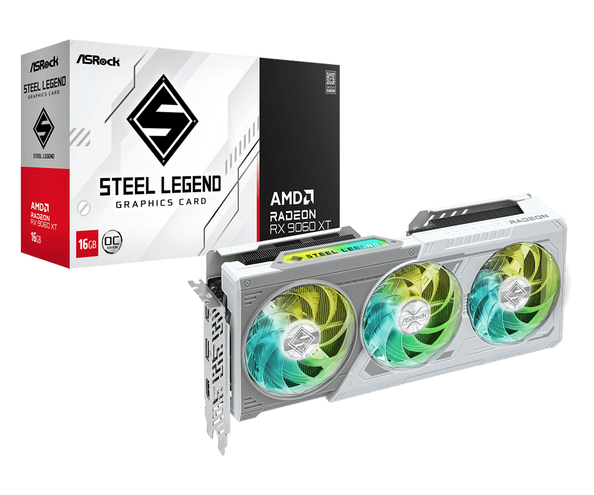 ASRock Radeon RX 9060 XT Steel Legend 16GB GDDR6 OC Graphics Card with RDNA 4 Architecture and Tripl...
