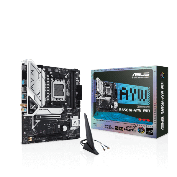 B650M-AYW WIFI 7 ASUS B650M-AYW WiFi AM5 Micro-ATX Motherboard with AMD B650 Chipset, DDR5 8000+(OC), PCIe 5.0 M.2, Wi-Fi 6, USB 10Gbps, Aura Sync - B650M-AYW WIFI