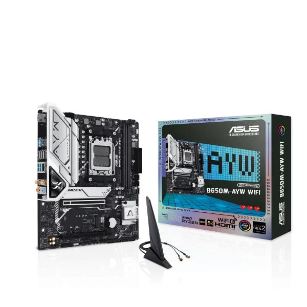 ASUS B650M-AYW WiFi AM5 Micro-ATX Motherboard with AMD B650 Chipset, DDR5 8000+(OC), PCIe 5.0 M.2, Wi-Fi 6, USB 10Gbps, Aura Sync - B650M-AYW WIFI