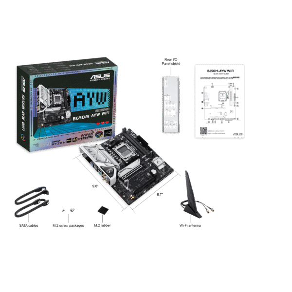 B650M-AYW WIFI 8 ASUS B650M-AYW WiFi AM5 Micro-ATX Motherboard with AMD B650 Chipset, DDR5 8000+(OC), PCIe 5.0 M.2, Wi-Fi 6, USB 10Gbps, Aura Sync - B650M-AYW WIFI