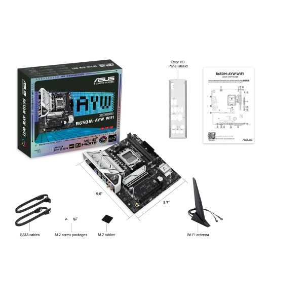 ASUS B650M-AYW WiFi AM5 Micro-ATX Motherboard with AMD B650 Chipset, DDR5 8000+(OC), PCIe 5.0 M.2, Wi-Fi 6, USB 10Gbps, Aura Sync - B650M-AYW WIFI