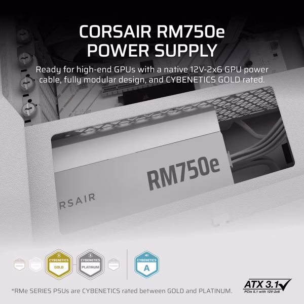 Corsair RMe Series RM750e Fully Modular Low-Noise 750W ATX Power Supply White with 80 PLUS Gold and PCIe 5.1 - CS-CP-9020292-NA