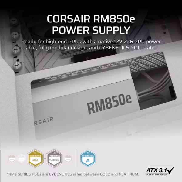 Corsair RMe Series RM850e Fully Modular Low-Noise 850W ATX Power Supply White - CP-9020293-NA