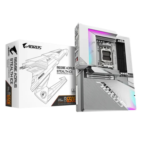 Gigabyte B650E AORUS STEALTH ICE ATX Motherboard, AM5, DDR5 8000(OC), PCIe 5.0, Wi-Fi 7, USB-C 40Gbps, Reverse Connector, White - GA-B650E-A-STEALTH-ICE