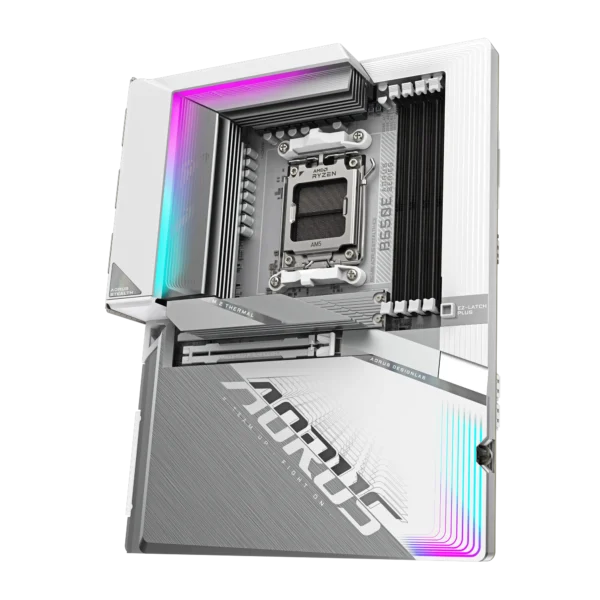 Gigabyte B650E AORUS STEALTH ICE ATX Motherboard, AM5, DDR5 8000(OC), PCIe 5.0, Wi-Fi 7, USB-C 40Gbps, Reverse Connector, White - GA-B650E-A-STEALTH-ICE