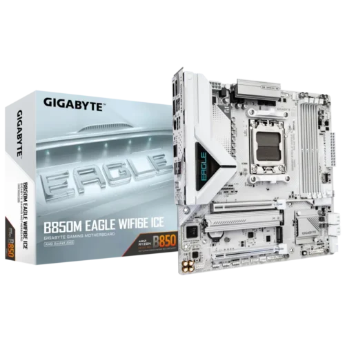 GIGABYTE B850M EAGLE WIFI6E ICE Micro ATX AM5 Motherboard with DDR5 8200MHz, PCIe 5.0, and Wi-Fi 6E - GA-B850M-EAGLE-WF6E-ICE
