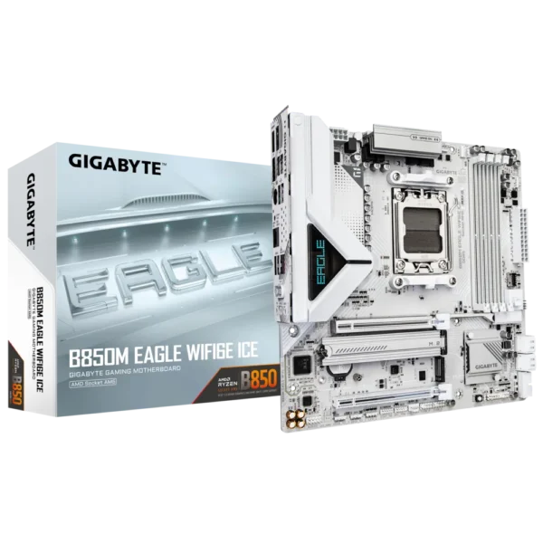 GIGABYTE B850M EAGLE WIFI6E ICE Micro ATX AM5 Motherboard with DDR5 8200MHz, PCIe 5.0, and Wi-Fi 6E - GA-B850M-EAGLE-WF6E-ICE
