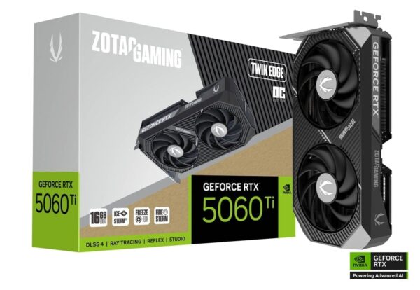 ZOTAC GAMING GeForce RTX 5060 Ti 16GB Twin Edge OC Graphics Card, 16GB GDDR7, DLSS 4, PCIe 5.0, IceStorm 2.0 Cooling, SFF-Ready - ZT-B50620H-10M