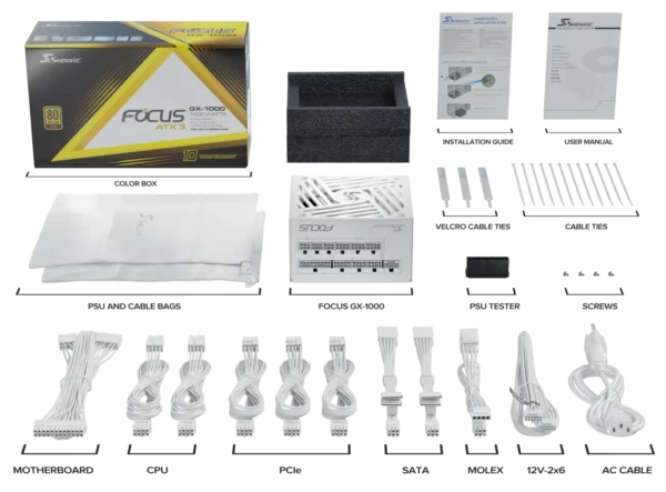 Seasonic Focus GX-1000 ATX 3.1 and PCIe 5.1 V4 White 80 PLUS Gold Fully Modular Power Supply - SRP-FGX102-A5A32SF